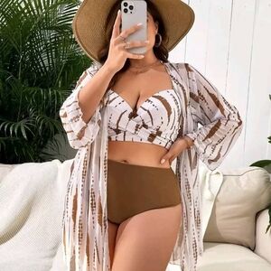 Women’s Two-Piece Swim Set with Cover-Up — White & Brown